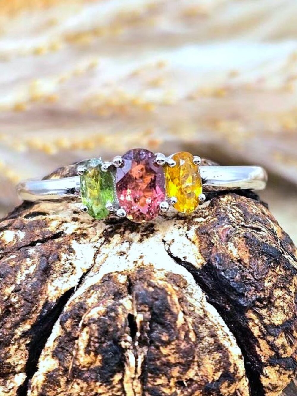 Tri‐Color Tourmaline Faceted Gemstones Adjustable Ring